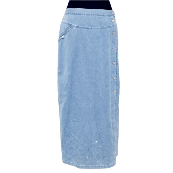 lafei-nier Dresses & Skirts - XL LAFEI-NIER COTTON LONG SKIRT DENIM JEAN CHAMBRAY BEADED BLUE SOFT BOHO
